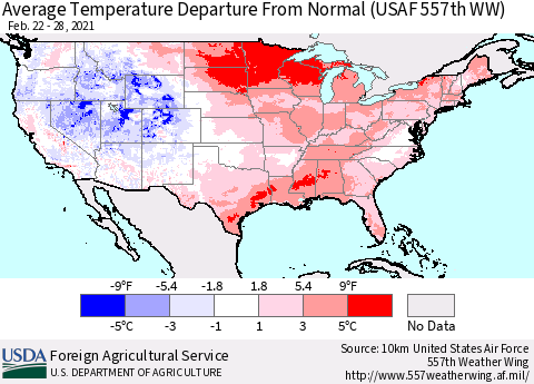 United States Average Temperature Departure From Normal (USAF 557th WW) Thematic Map For 2/22/2021 - 2/28/2021
