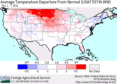 United States Average Temperature Departure from Normal (USAF 557th WW) Thematic Map For 3/1/2021 - 3/7/2021