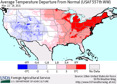 United States Average Temperature Departure from Normal (USAF 557th WW) Thematic Map For 3/22/2021 - 3/28/2021