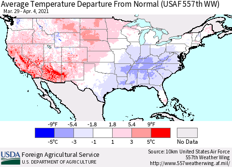 United States Average Temperature Departure From Normal (USAF 557th WW) Thematic Map For 3/29/2021 - 4/4/2021