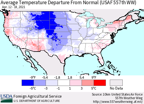 United States Average Temperature Departure From Normal (USAF 557th WW) Thematic Map For 4/12/2021 - 4/18/2021