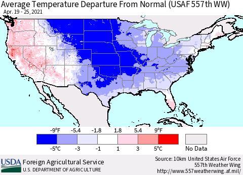 United States Average Temperature Departure from Normal (USAF 557th WW) Thematic Map For 4/19/2021 - 4/25/2021