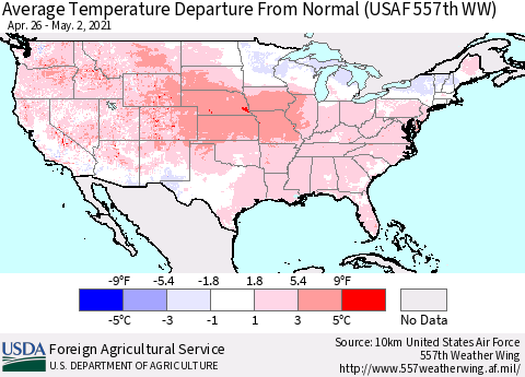 United States Average Temperature Departure From Normal (USAF 557th WW) Thematic Map For 4/26/2021 - 5/2/2021