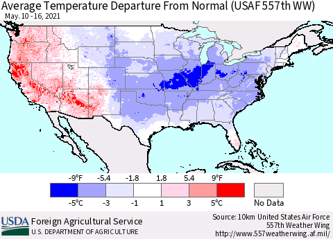 United States Average Temperature Departure from Normal (USAF 557th WW) Thematic Map For 5/10/2021 - 5/16/2021