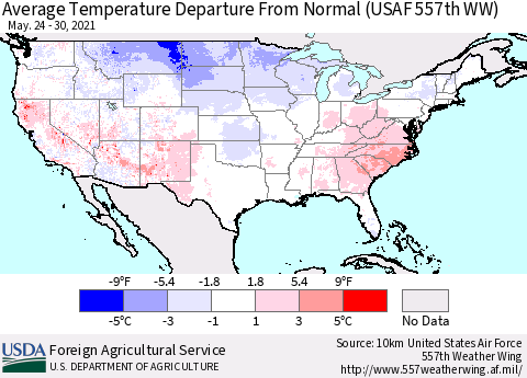 United States Average Temperature Departure From Normal (USAF 557th WW) Thematic Map For 5/24/2021 - 5/30/2021