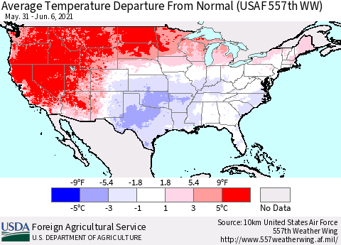 United States Average Temperature Departure From Normal (USAF 557th WW) Thematic Map For 5/31/2021 - 6/6/2021