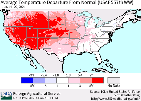 United States Average Temperature Departure From Normal (USAF 557th WW) Thematic Map For 6/14/2021 - 6/20/2021
