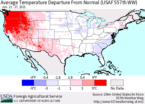 United States Average Temperature Departure From Normal (USAF 557th WW) Thematic Map For 6/21/2021 - 6/27/2021