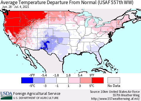 United States Average Temperature Departure from Normal (USAF 557th WW) Thematic Map For 6/28/2021 - 7/4/2021