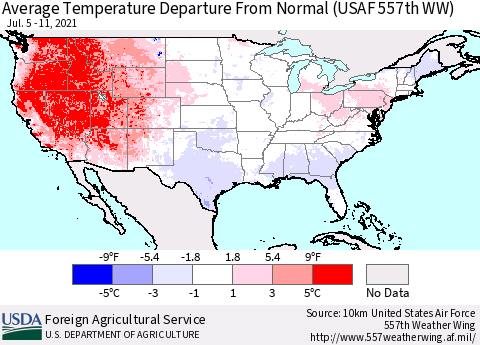 United States Average Temperature Departure From Normal (USAF 557th WW) Thematic Map For 7/5/2021 - 7/11/2021