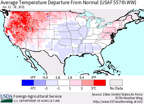 United States Average Temperature Departure from Normal (USAF 557th WW) Thematic Map For 7/12/2021 - 7/18/2021