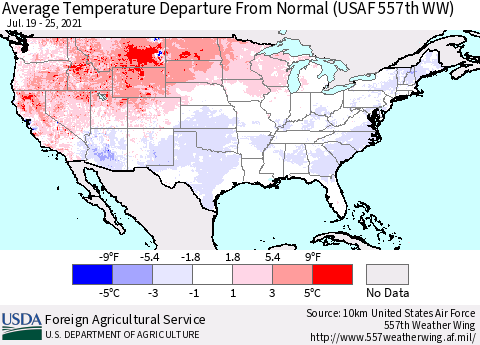 United States Average Temperature Departure From Normal (USAF 557th WW) Thematic Map For 7/19/2021 - 7/25/2021