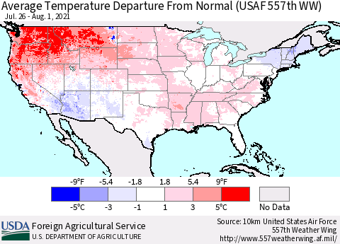 United States Average Temperature Departure From Normal (USAF 557th WW) Thematic Map For 7/26/2021 - 8/1/2021