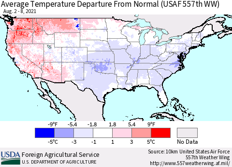 United States Average Temperature Departure From Normal (USAF 557th WW) Thematic Map For 8/2/2021 - 8/8/2021