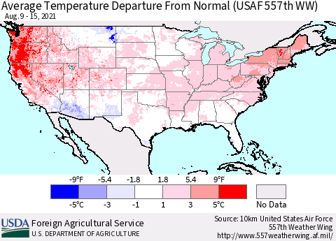 United States Average Temperature Departure From Normal (USAF 557th WW) Thematic Map For 8/9/2021 - 8/15/2021