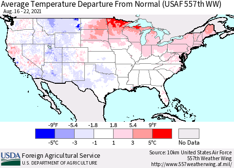 United States Average Temperature Departure from Normal (USAF 557th WW) Thematic Map For 8/16/2021 - 8/22/2021