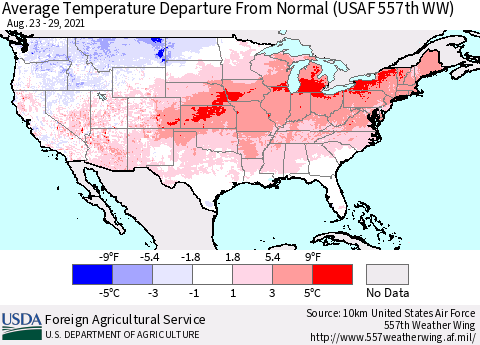 United States Average Temperature Departure from Normal (USAF 557th WW) Thematic Map For 8/23/2021 - 8/29/2021