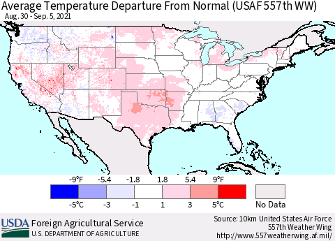 United States Average Temperature Departure From Normal (USAF 557th WW) Thematic Map For 8/30/2021 - 9/5/2021