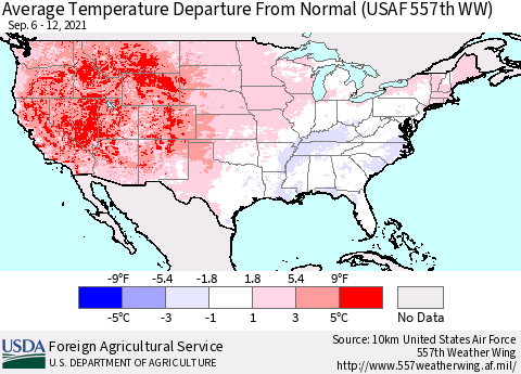 United States Average Temperature Departure from Normal (USAF 557th WW) Thematic Map For 9/6/2021 - 9/12/2021