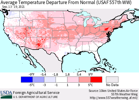 United States Average Temperature Departure from Normal (USAF 557th WW) Thematic Map For 9/13/2021 - 9/19/2021