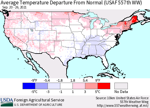 United States Average Temperature Departure from Normal (USAF 557th WW) Thematic Map For 9/20/2021 - 9/26/2021
