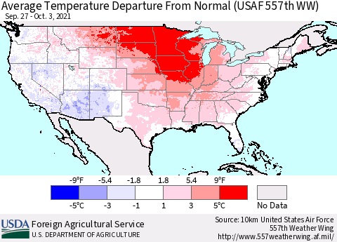 United States Average Temperature Departure from Normal (USAF 557th WW) Thematic Map For 9/27/2021 - 10/3/2021