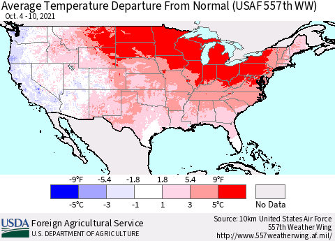 United States Average Temperature Departure from Normal (USAF 557th WW) Thematic Map For 10/4/2021 - 10/10/2021