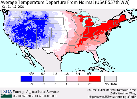 United States Average Temperature Departure from Normal (USAF 557th WW) Thematic Map For 10/11/2021 - 10/17/2021