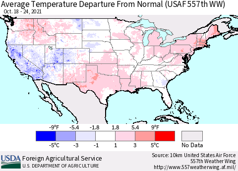 United States Average Temperature Departure from Normal (USAF 557th WW) Thematic Map For 10/18/2021 - 10/24/2021
