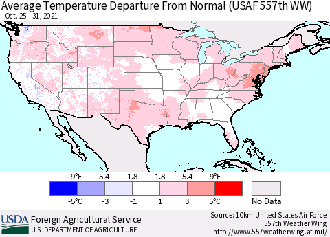 United States Average Temperature Departure From Normal (USAF 557th WW) Thematic Map For 10/25/2021 - 10/31/2021