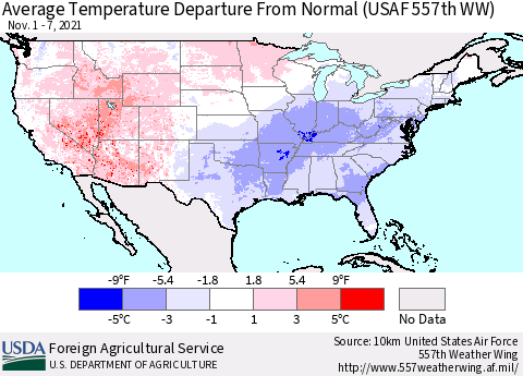 United States Average Temperature Departure from Normal (USAF 557th WW) Thematic Map For 11/1/2021 - 11/7/2021