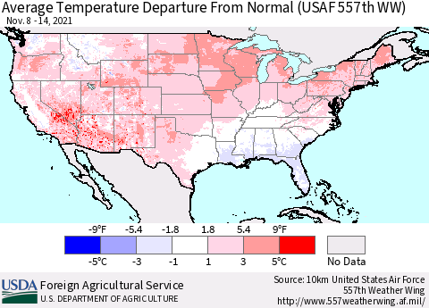 United States Average Temperature Departure from Normal (USAF 557th WW) Thematic Map For 11/8/2021 - 11/14/2021