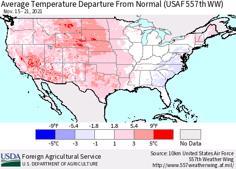 United States Average Temperature Departure from Normal (USAF 557th WW) Thematic Map For 11/15/2021 - 11/21/2021
