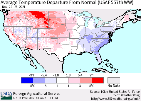 United States Average Temperature Departure from Normal (USAF 557th WW) Thematic Map For 11/22/2021 - 11/28/2021