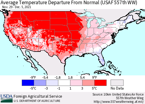 United States Average Temperature Departure from Normal (USAF 557th WW) Thematic Map For 11/29/2021 - 12/5/2021