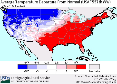 United States Average Temperature Departure from Normal (USAF 557th WW) Thematic Map For 12/27/2021 - 1/2/2022