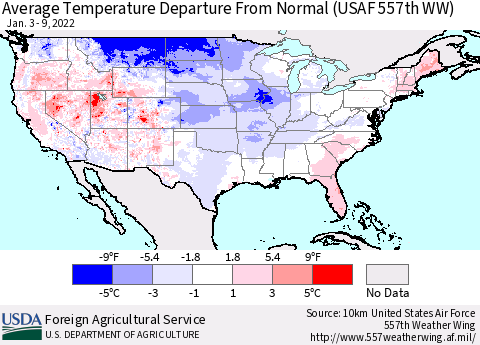 United States Average Temperature Departure from Normal (USAF 557th WW) Thematic Map For 1/3/2022 - 1/9/2022