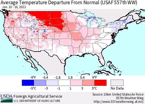 United States Average Temperature Departure from Normal (USAF 557th WW) Thematic Map For 1/10/2022 - 1/16/2022