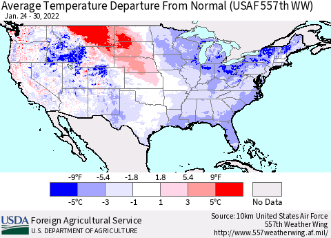 United States Average Temperature Departure from Normal (USAF 557th WW) Thematic Map For 1/24/2022 - 1/30/2022