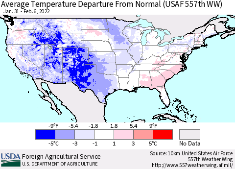 United States Average Temperature Departure from Normal (USAF 557th WW) Thematic Map For 1/31/2022 - 2/6/2022