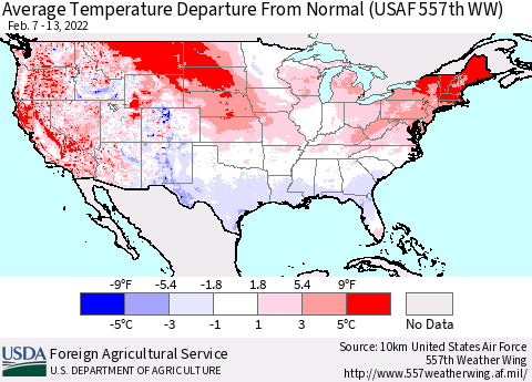 United States Average Temperature Departure from Normal (USAF 557th WW) Thematic Map For 2/7/2022 - 2/13/2022