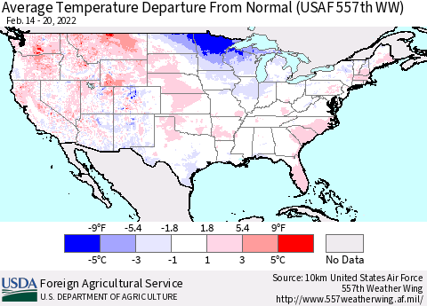United States Average Temperature Departure from Normal (USAF 557th WW) Thematic Map For 2/14/2022 - 2/20/2022