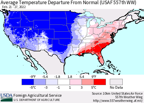 United States Average Temperature Departure from Normal (USAF 557th WW) Thematic Map For 2/21/2022 - 2/27/2022