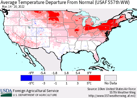 United States Average Temperature Departure from Normal (USAF 557th WW) Thematic Map For 3/14/2022 - 3/20/2022
