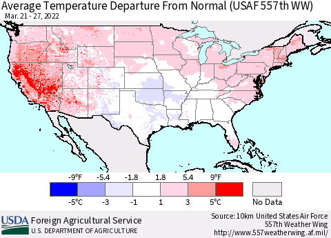 United States Average Temperature Departure from Normal (USAF 557th WW) Thematic Map For 3/21/2022 - 3/27/2022