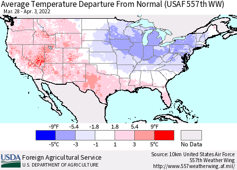 United States Average Temperature Departure from Normal (USAF 557th WW) Thematic Map For 3/28/2022 - 4/3/2022