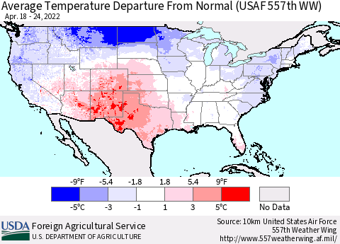 United States Average Temperature Departure from Normal (USAF 557th WW) Thematic Map For 4/18/2022 - 4/24/2022