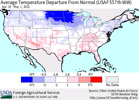 United States Average Temperature Departure from Normal (USAF 557th WW) Thematic Map For 4/25/2022 - 5/1/2022