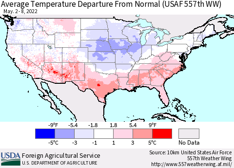 United States Average Temperature Departure from Normal (USAF 557th WW) Thematic Map For 5/2/2022 - 5/8/2022