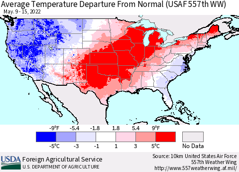 United States Average Temperature Departure from Normal (USAF 557th WW) Thematic Map For 5/9/2022 - 5/15/2022